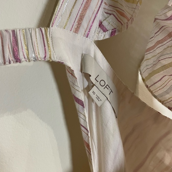 Loft Shimmer Stripe Ruffle Cutout Back Midi Dress size 10 - Picture 9 of 10